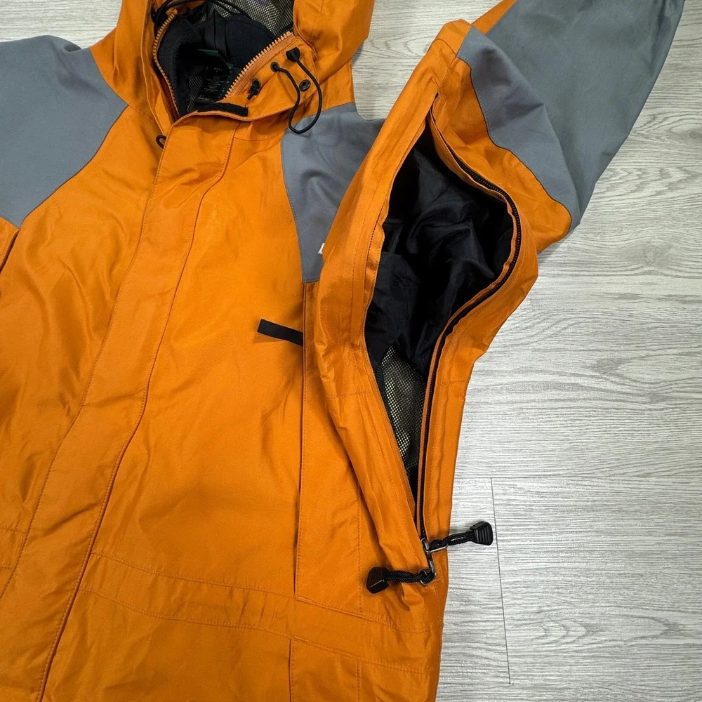 EMS Mens Jacket Gore-Tex Hooded Rain Shell Orange Gray Large Pit Zips Waterproof
